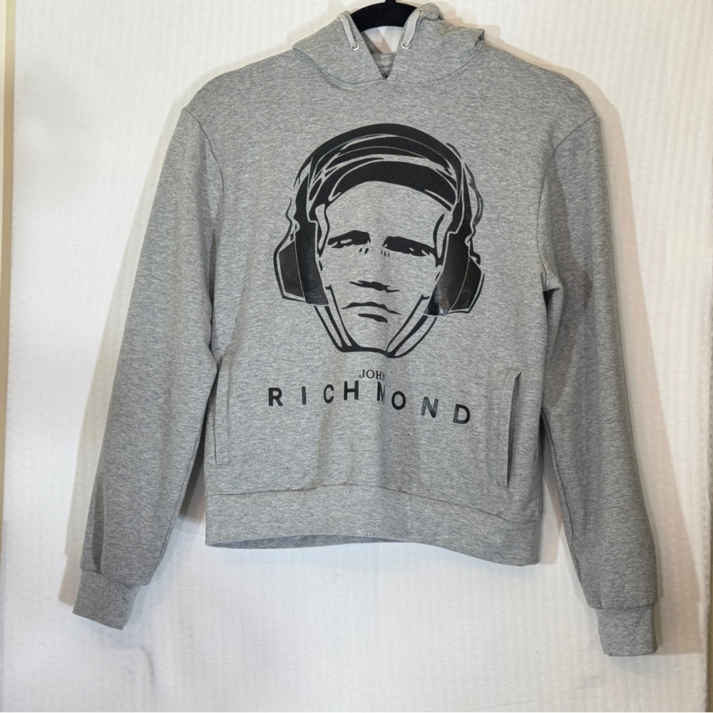 John Richmond Junior Grey Graphic Hoodie – Face Headphones Logo – Size 16 NWOT